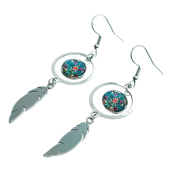 Emerald Forest Feather Round Earrings - Picture 1 of 5